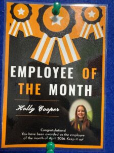 Holly Cooper’s Employee of the Month certificate, April 2026